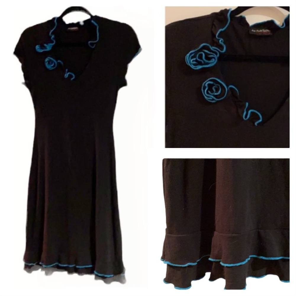 🍒 LUC FONTAINE Black Dress!!! Turquoise Roses & Trim!!!